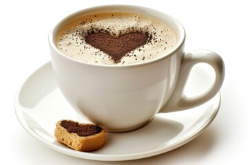 Fototapeta premium Cup of coffee with heart shaped foam and a cookie on the side symbolizing warmth and love in a cozy setting