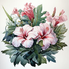 Watercolor Hawaiian bouquet of Hibiscus flowers Greenery Palm Leaves Sublimation design, clipart Illustration, Generative Ai