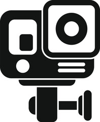 Fototapeta premium This simple black and white icon represents an action camera mounted on a support, ready to film
