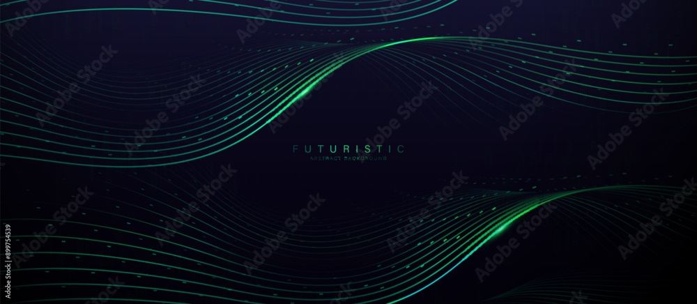 Fototapete abstract background with glowing green geometric wavy lines. futuristic digital high-technology patt