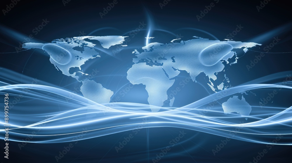 Poster a digital representation of global connectivity featuring a network of data points and lines over a 