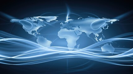 Fototapeta premium A digital representation of global connectivity featuring a network of data points and lines over a map of the Earth, all illuminated against a dark background