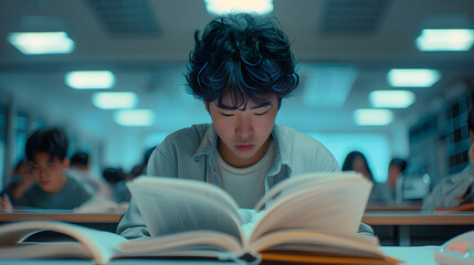 Focused Student Taking an Exam in a Classroom Setting, Surrounded by Books and Notes