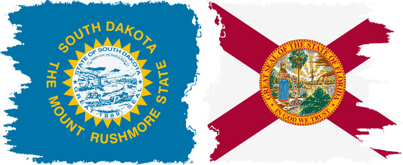 Florida and South Dakota states grunge brush flags connection, vector