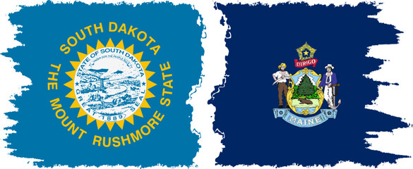 Maine and South Dakota states grunge brush flags connection, vector