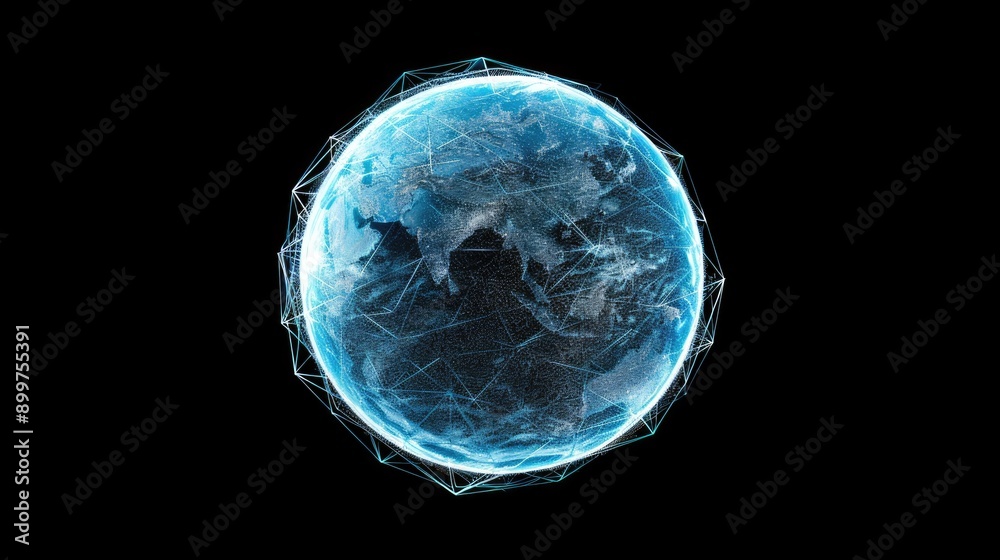 Poster a digital representation of global connectivity featuring a network of data points and lines over a 