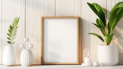 Fototapeta premium Minimalist mockup frame on a wooden table with plants, candles, and decorative vases in a bright, modern interior setting.