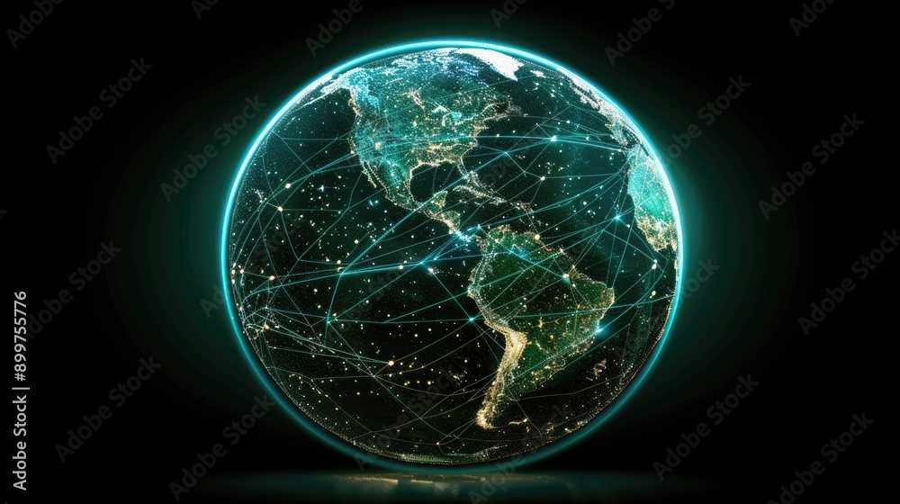 Poster a digital representation of global connectivity featuring a network of data points and lines over a 
