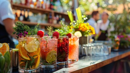 A bar setup with a variety of cocktails and garnishes ready for serving