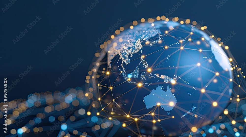 Poster a digital representation of global connectivity featuring a network of data points and lines over a 