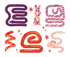 Snakes set. Chinese 2025 New Year symbol, happy animal character mascot. Lunar new year concept. Chinese zodiac snake in geometric flat modern style vector illustration isolated on white background