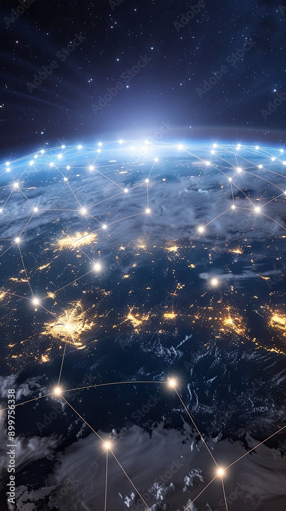 Poster a digital representation of global connectivity featuring a network of data points and lines over a 