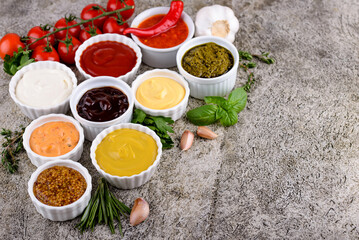 Set of different sauces. Ketchup, mustard and mayonnaise