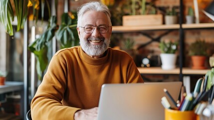 Fototapeta premium Cheerful senior man working on laptop at home office with bright smile. Mature businessman working remote from home with laptop and files.