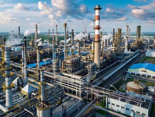 Panoramic View of a Sprawling Industrial Landscape with Factories Smokestacks and Warehouses