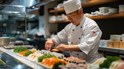A chef preparing sushi at a counter with fresh ingredients laid out