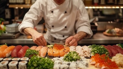 A chef preparing sushi at a counter with fresh ingredients laid out