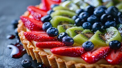 A close-up of a colorful fruit tart with kiwi, strawberries, and blueberries