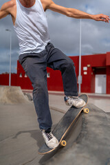 young man skater jumping a ramp in a skate park. vertical composition