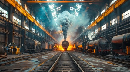 Obraz premium Stack of steel pipes in a metallurgical plant, factory or workshop. Heavy industry and iron materials
