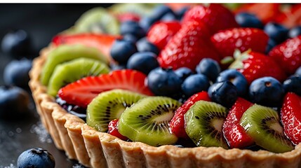 A close-up of a colorful fruit tart with kiwi, strawberries, and blueberries