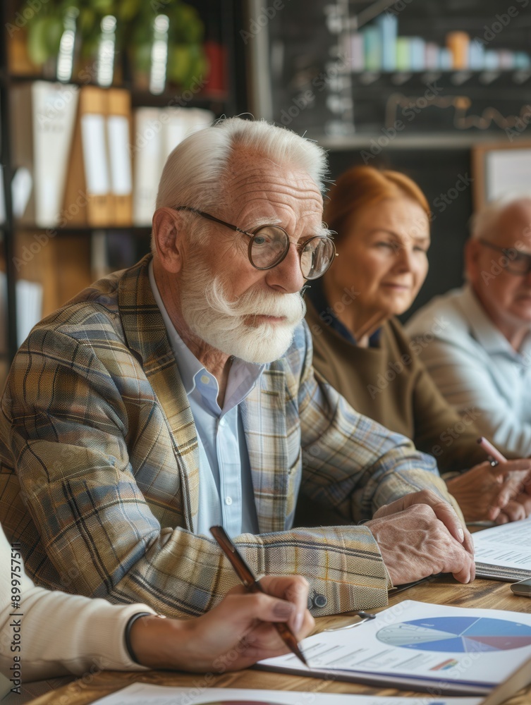 Poster a group of elderly individuals focuses on collaborative planning at a desk, discussing strategies wi