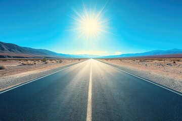 Naklejka premium Lonely asphalt road in the desert, adventure journey, bright sun overhead, expansive horizon