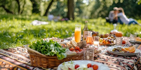 Naklejka premium Summer Picnic on Green Grass with Food and Drinks