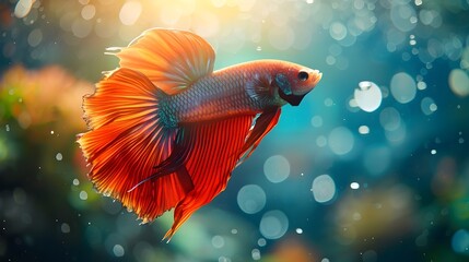Obraz premium Majestic Siamese Fighting Fish Swimming Gracefully with Flowing Fins and Vibrant Colors in Serene Underwater Background