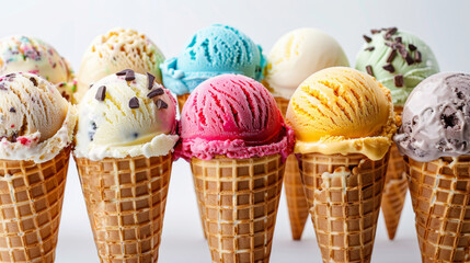 Close up of mouthwatering delicious colorful ice cream. Mix flavors ice cream in waffle cones isolated on white  background. Generative AI. 