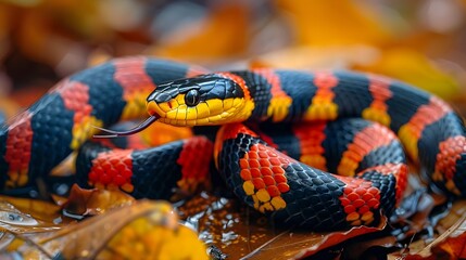 Fototapeta premium Vibrant Coral Snake Navigating Through Leaf Litter Underbrush in Natural Habitat