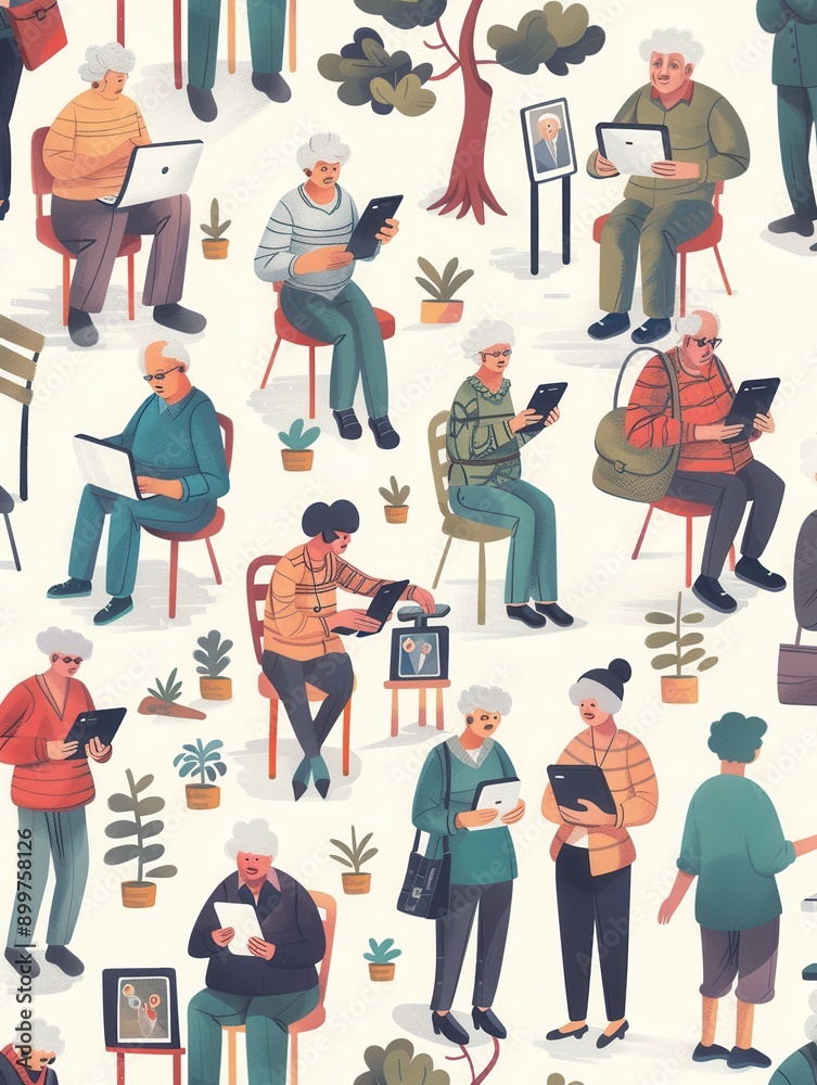 Aufkleber a group of elderly people is engaged in activities such as reading and using devices, surrounded by 