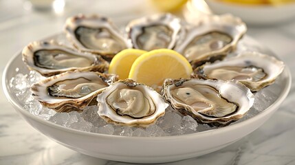 A plate of fresh oysters served on ice with lemon wedges