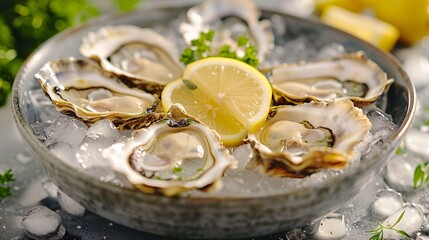 A plate of fresh oysters served on ice with lemon wedges