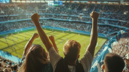 A group of people are cheering at a stadium, with one man holding a blue