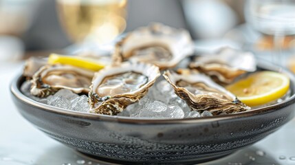 A plate of fresh oysters served on ice with lemon wedges