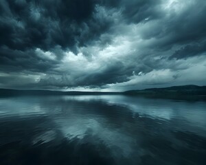 Fototapeta premium Ominous Storm Clouds Reflecting on Tranquil Lake Surface Capturing Sorrow and Grief