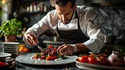A food stylist arranging a dish for a photoshoot