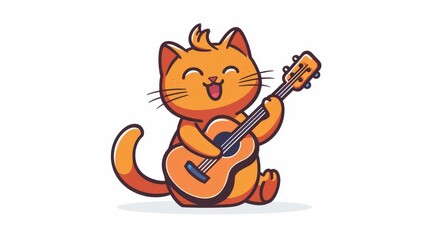 Fototapeta premium Vector illustration of a cartoon cat playing guitar, on a white background, with a simple and clean design, ideal for stickers