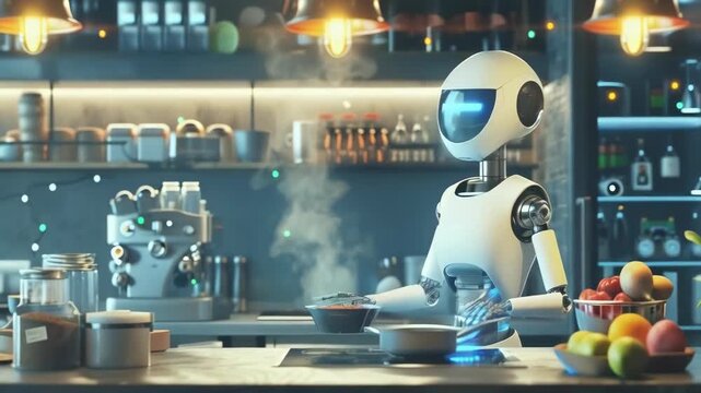 A sleek robot chef, with a futuristic design, cooks a meal over a stove in a high-tech kitchen. The kitchen is equipped with modern gadgets and ambient lighting. The atmosphere is innovative and
