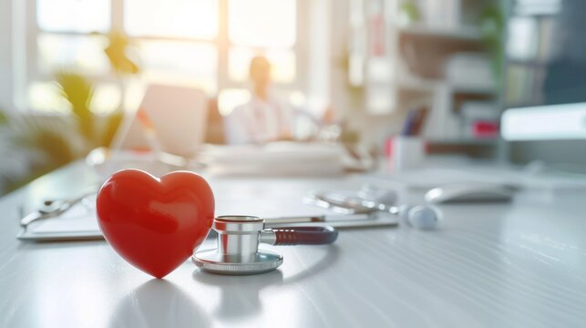 Red heart love shape hand exercise ball with doctor physician's stethoscope on an office desk in a medical: Hospital life insurance concept: World Heart Health Day. doctor day, world hypertension day. - Powered by Adobe