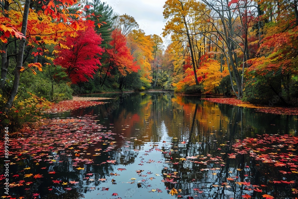 Aufkleber a serene autumn scene with vibrant fall foliage reflected in a calm river, surrounded by colorful tr