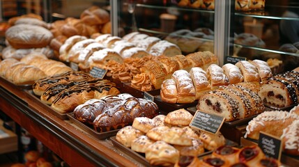 A bakery display case filled with an assortment of fresh pastries and breads