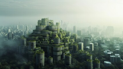 Obraz premium Futuristic cityscape showcasing a sprawling urban environment with buildings featuring green rooftop gardens. The innovative design highlights sustainable architecture with layered structures covered