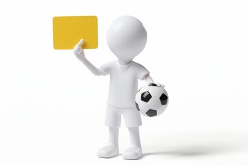 3D white figure holding yellow card and soccer ball.