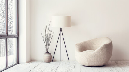 Property interiors decor composition with a standing lamp next to a large window on a minimalist living room.
