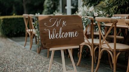 Obraz premium A welcoming sign adorned with flowers greets guests in a beautifully arranged outdoor wedding venue surrounded by greenery