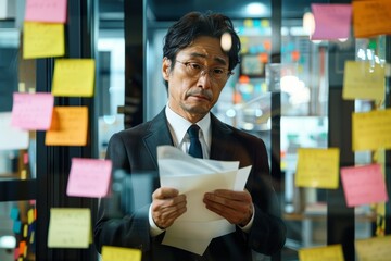 Fototapeta premium A Japanese man in an office, frustratedly holding a document, questioning expression, surrounded by sticky notes on glass wall, business attire, modern office setting