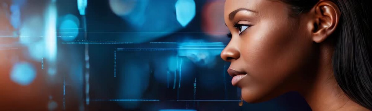African American woman with system codes animation and bokeh lights in background. facial recognition concept. Copy space web site banner