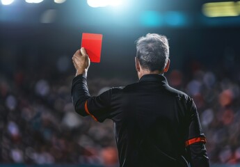 A soccer referee showing a red card in a match.	